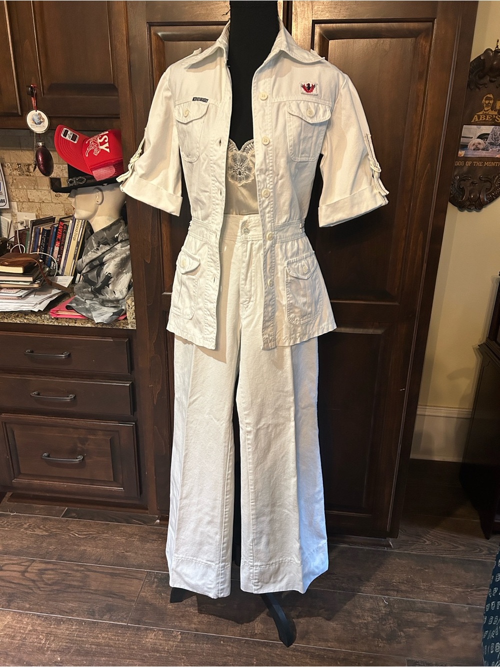 1970’s Rose Hips Sz XS White Espirit Safari 2pc Denim Bell Bottom Set RARE
